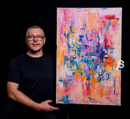 Pasha Simakov with his painting 'Blue Strike', art by pasha