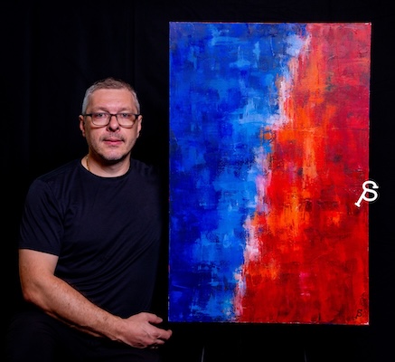 Pasha Simakov with his painting 'Crimson Tide', art by pasha