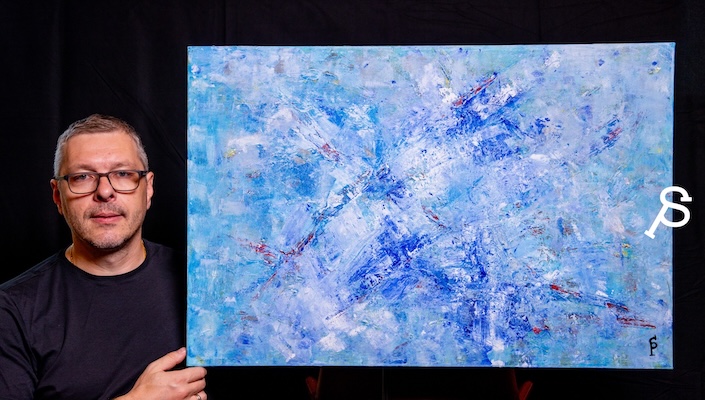 Pasha Simakov with his painting 'Fiery Frost', art by pasha