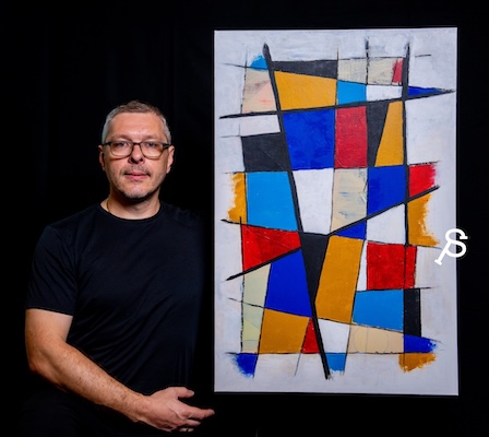 Pasha Simakov with his painting 'Fractured', art by pasha