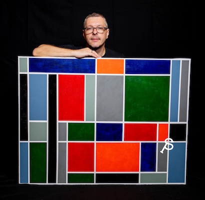 Pasha Simakov with his painting 'Gridlocked', art by pasha