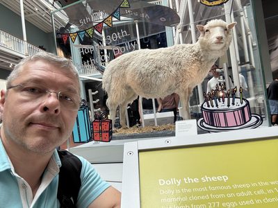 Pasha with Dolly the sheep at the National Museum of Scotland, Edinburgh, 2026.