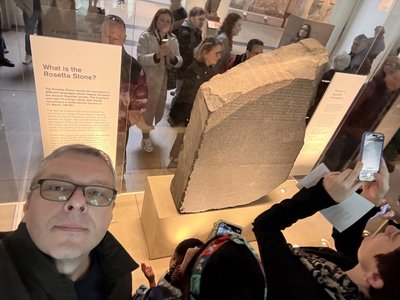 Pasha at the Rosetta Stone, British Museum, London, 2025.