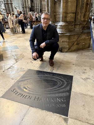 Pasha at Stephen Hawking's memorial, Westminster Abbey, London, 2025.