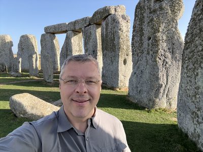 Pasha at Stonehenge, England, 2026.