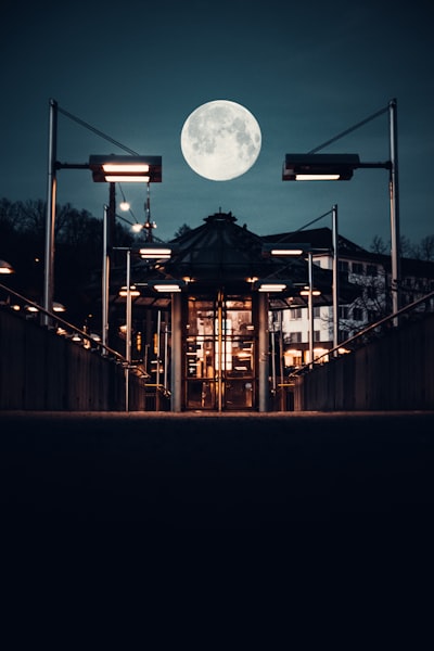 Brown wooden bridge with lighted lamp posts during night time