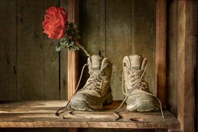 A pair of hicking boots and a rose propped inside of one on the dusty shelf of a cabin.