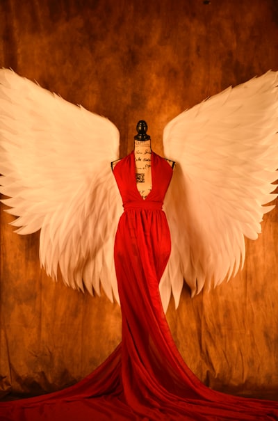 Red halterneck long dress and white wings