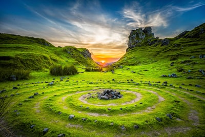 Green grass field during sunset