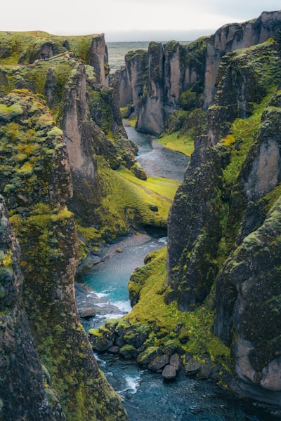 A river flowing through a lush green valley