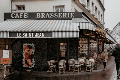 Black and white restaurant with chairs and tables